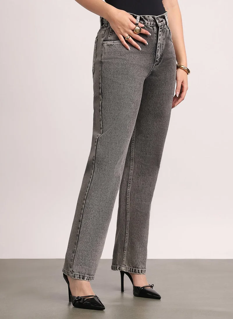 Urbano Fashion Urbano Fashion Women's Ice Grey High Rise Straight Fit Washed Jeans Non-Stretchable